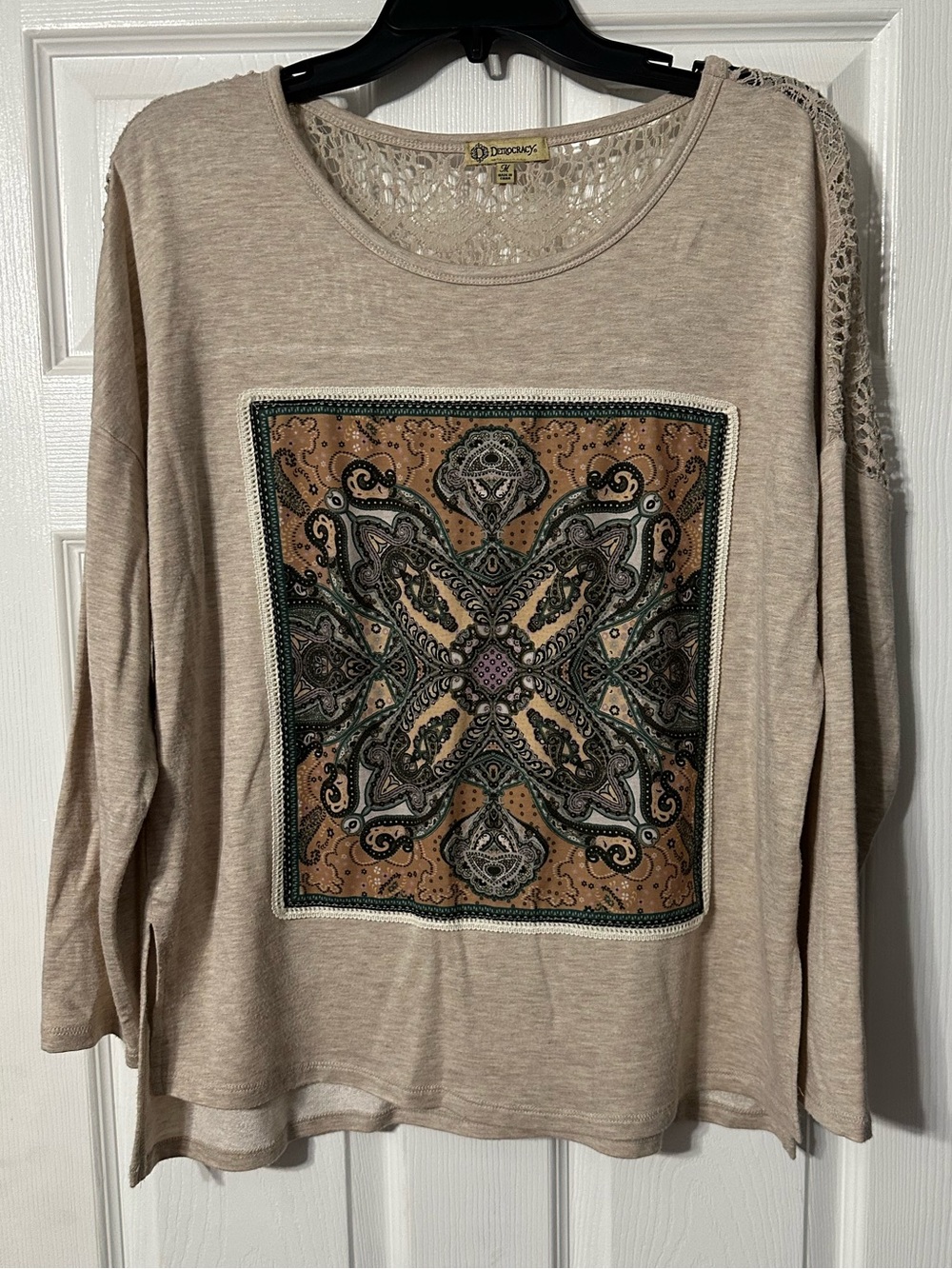 Democracy Beige Paisley-Front Crochet-Trim Top